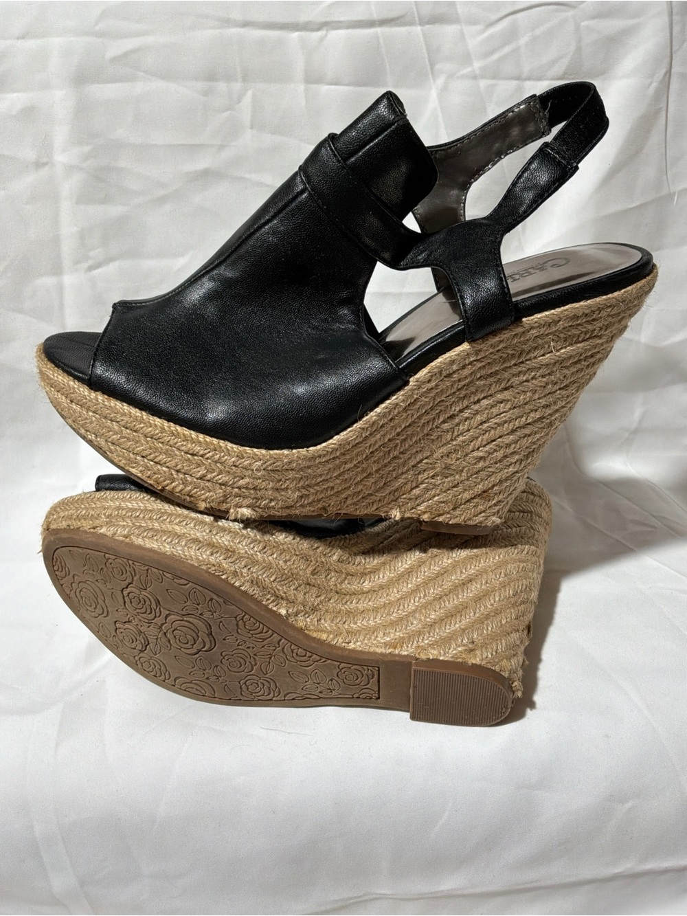 Carlos by Carlos Santana Black Leather Espadrille Wedge Sandals